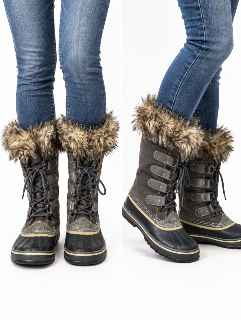 SOREL Joan Of Arctic Tall Winter Boots Grey/Black Luxe Faux Fur Waterproof Sz 9